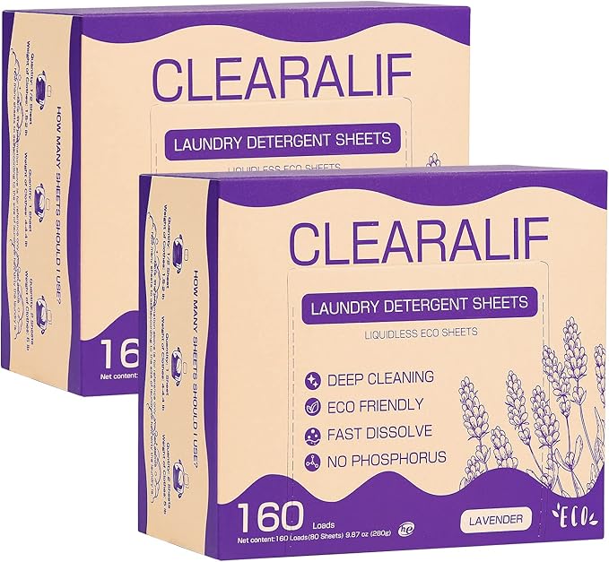 Laundry Detergent Sheets (160 Sheets), Lavender,Up to 320 Loads - Great For Travel,Apartments, Dorms,CLEARALIF Laundry Detergent Strips Eco Friendly & Hypoallergenic (80 Count, Pack of 2)-Ruum Studio Home