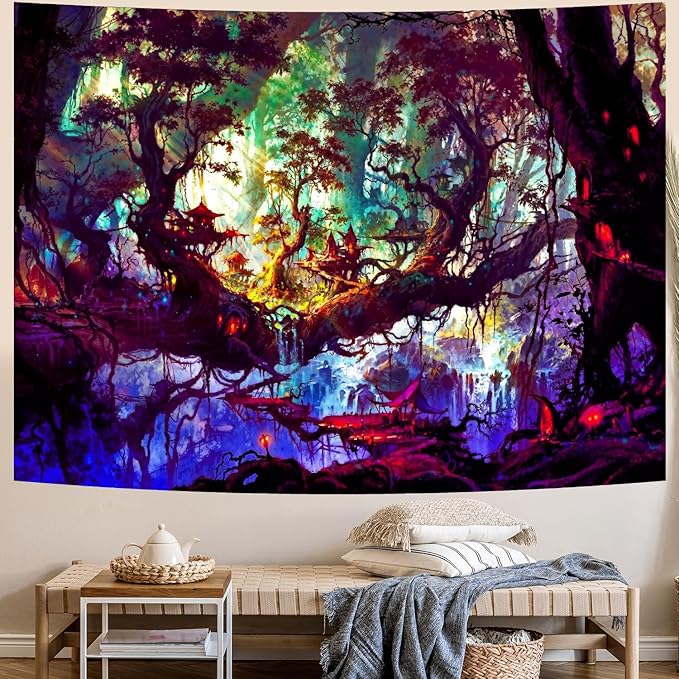 Delur Fantasy Forest Tapestry Mystical Landscape Magical Enchanted Forest Tree Nature Tapestry Psychedelic Wall Hanging Headboard for Bedroom Living Room Home Decor (51.2" x 59.1")-Ruum Studio Home