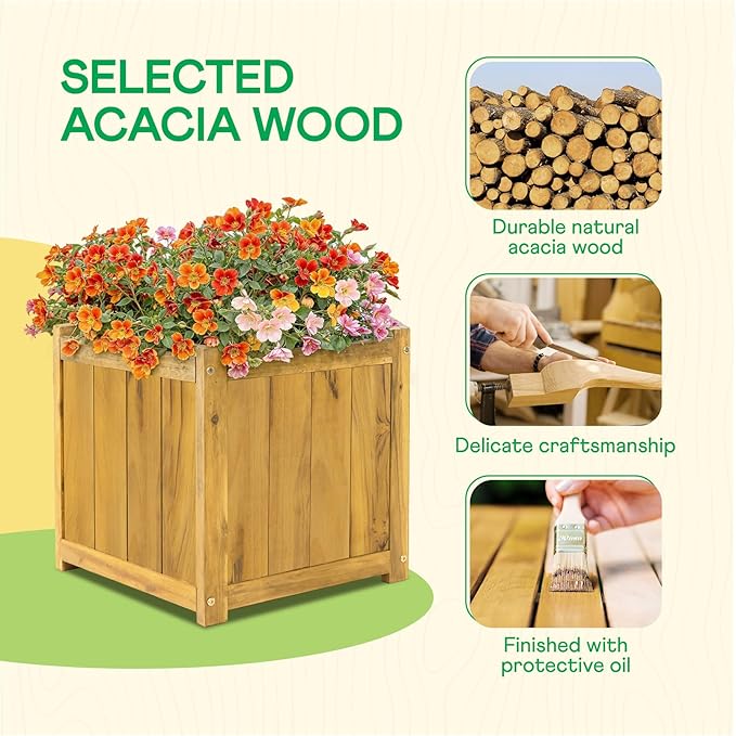 IDZO Acacia Wood Flower Planter Box for Outdoor Plants, 1pc Wooden Raised Garden Bed with Handles, Drainage Holes, Ideal for Garden and Home Décor, Golden Teak-Ruum Studio Home