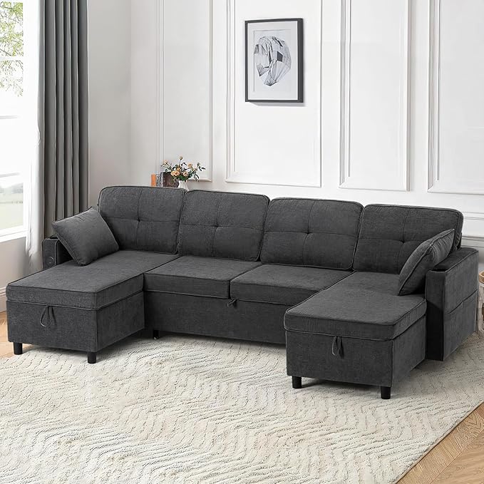 110 Inches Chenille Sectional Sofa w/Adjustable Back & Pull Out Sofa Bed, Tufted U Shaped Couch w/Two Storage Chaises, Sleeper Sectional Sofa w/USB Port & Cup Holders for Living Room, Grey-Ruum Studio Home