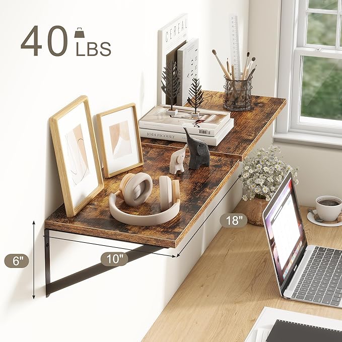 18"W x10"D Floating Shelves, Farmhouse Wall Shelves Home Decor Shelf, Deep Bathroom Shelves with Bracket, 10 Inch Deep Wall Shelf for Living Room, Kitchen, Bedroom, Rustic Brown, Set of 2-Ruum Studio Home