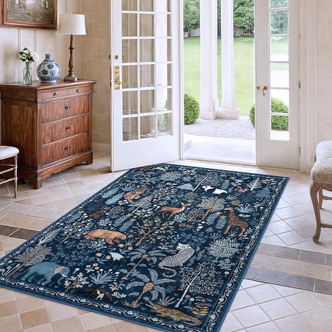 OJIA Jungle Print Blue 5x7 Rugs for Living Room, Soft Ultra-Thin Washable Area Rugs for Bedroom Non-Slip Modern Entryway Rug Non Shedding Indoor Carpet Kids Rugs for Playroom Nursery Classroom-Ruum Studio Home