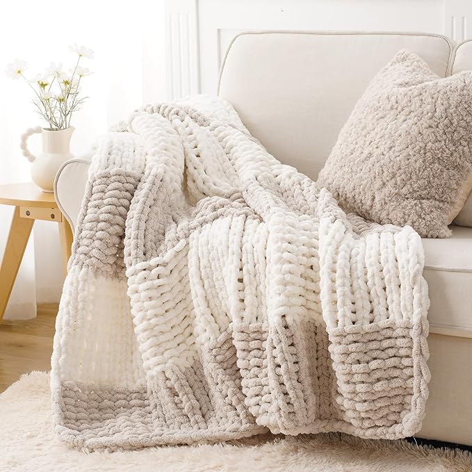 Battilo Chunky Knit Throw Blanket, Soft and Thick Chenille Throw Blanket, 50"x60" Handmade Cable Knit Crochet Blanket, Large Rope Knot Throw Blankets for Couch Sofa Bed Home Decor, Beige & White-Ruum Studio Home