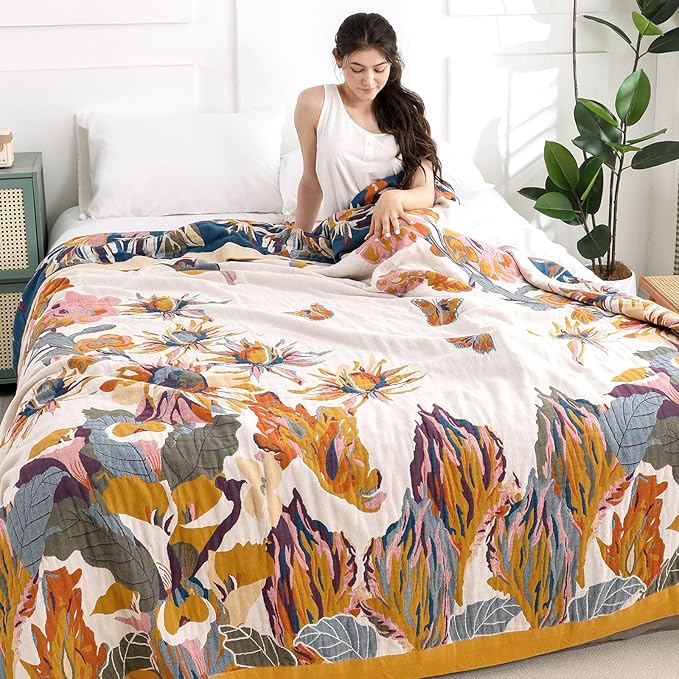 Boho Throw Blanket for Bed - 100% Pure Organic Cotton Ultra Soft Rustic Quilt - Farmhouse Decor Bed Blankets, All Season Rustic Throw for Sofa Couch Chair(91''x 98'', Floral)-Ruum Studio Home