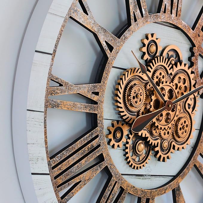 The Gears Clock 36'' Inch Real Moving Gear Wall Clock Vintage Industrial Oversized Rustic Farmhouse (White Farmhouse)-Ruum Studio Home