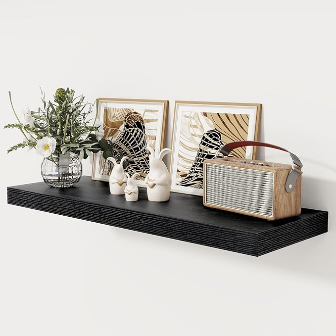 Black Floating Shelves 36 Inch Long, 12 Inch Deep Floating Shelves for Wall, 36 x 12 Shelves for Wall Storage & Display, 2" Thick Floating Shelf for Bathroom, Living Room, Bedroom, Set of 1-Ruum Studio Home