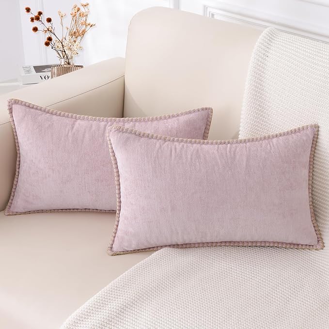 decorUhome Chenille Soft Throw Pillow Covers 12x20 Set of 2, Lumbar Velvet Farmhouse Neutral Decorative Euro Pillow Covers with Stitched Edge for Couch Sofa Bed Home Decor, Blush Pink-Ruum Studio Home
