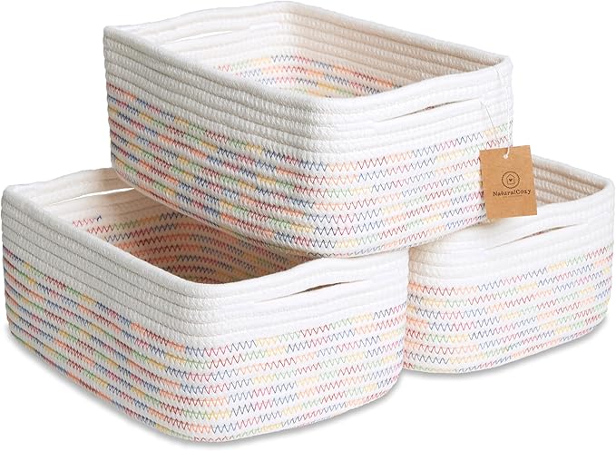 NaturalCozy 11.8"x8"x4.5” Rectangle Storage Baskets for Shelves 3 Pack | Cotton Rope Woven Small Baskets for Organizing | Small Storage Bins for Nursery, Bathroom, Closet, Shelf, Decorative, Gift-Ruum Studio Home