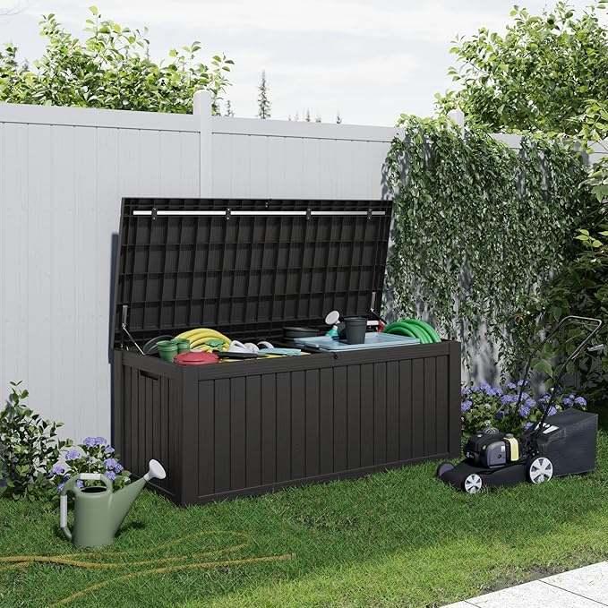DRATO 150 Gallon Outdoor Storage Box, Large Waterproof Deck Box, Lockable Resin Storage Container with Reinforced Support for Patio Cushions, Garden Tools, UV-Resistant Outdoor Chest（Black）-Ruum Studio Home