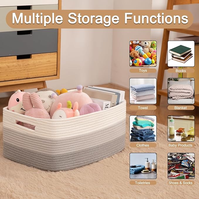Large Storage Basket for Organizing, Woven Rope Basket for Shelves, Closet Organizer Bins for Clothes, Blanket, Toys, Baby Nursery Storage, 17.7" x 13" x 7.87", 2 Packs Gradient Grey-Ruum Studio Home