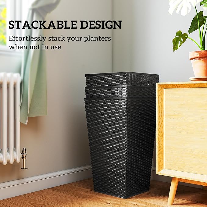 Outsunny Tall Planters for Outdoor Plants Set of 3, 24 in Taper Planters with Drainage Holes, Rattan Decor Plant Pots for Indoor Outdoor Front Porch Patio Backyard, Black-Ruum Studio Home