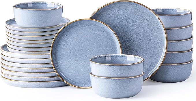 GBHOME Ceramic Dinnerware Sets for 8, 24 Pieces Stoneware Plates and Bowls Sets, Scratch Resistant Dishes, Dishwasher & Microwave Safe, Reactive Glaze-Brunnera Blue-Ruum Studio Home
