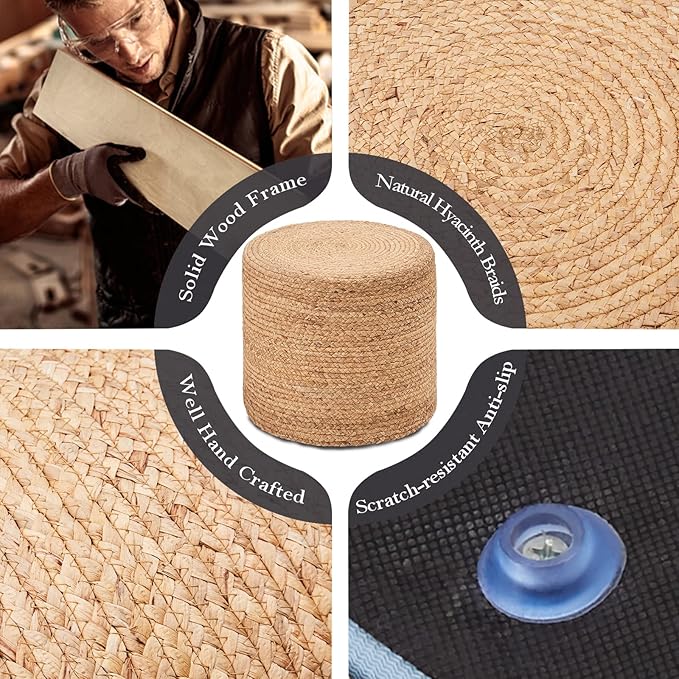 Wimarsbon 18'' Ottoman Pouf, Natural Braided Poof, Rustic Handweave Lounge Pouffe, Boho Footrest Stool for Bedroom, Accent Table or Seat for Living Room (Natural-LD)-Ruum Studio Home