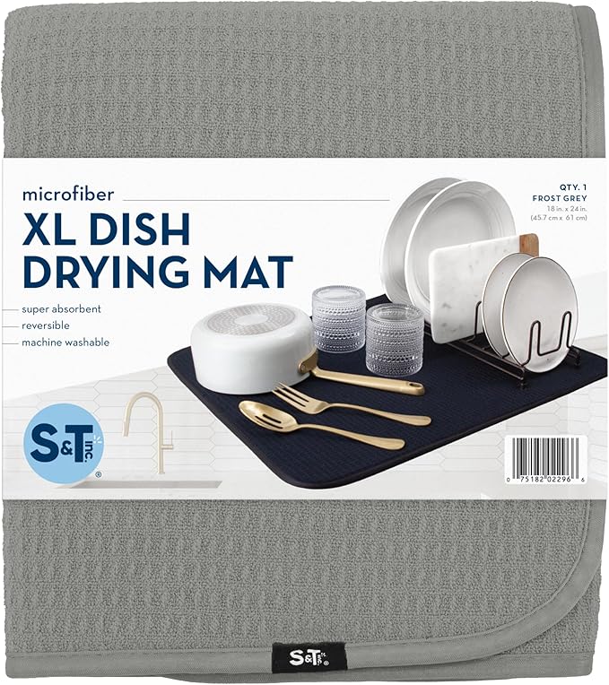 S&T INC. Dish Drying Mat XL, 18” x 24”, Absorbent Microfiber Kitchen Counter Mat, Dish Drying Pad for Dishes, Utensils, Pots and Pans, Extra Large, Grey-Ruum Studio Home