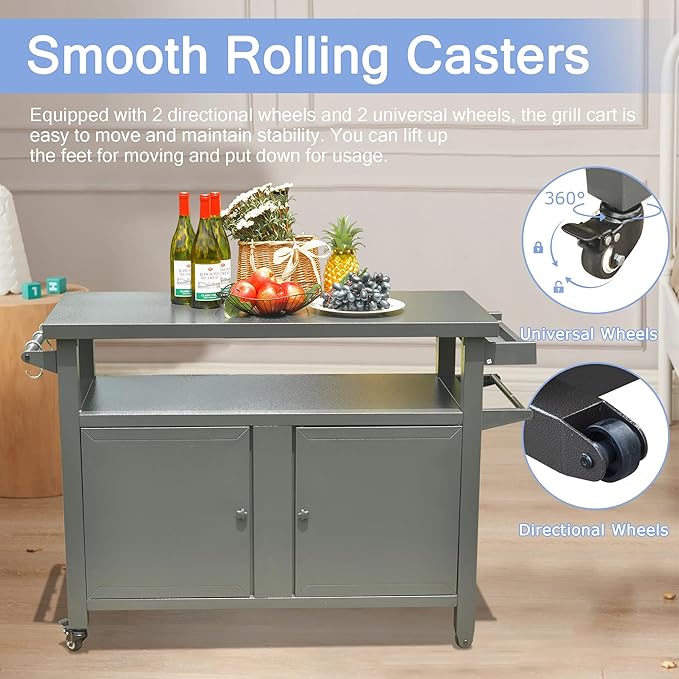 Domi Grill Carts Outdoor Storage Cabinet with Wheels, Metal Outdoor Grill Cart Kitchen Dining Table Cooking Prep BBQ Table for Patio, Kitchen Island, Home Party, Bar (Grey)-Ruum Studio Home
