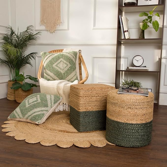 REDEARTH · Cylindrical Pouf Foot Stool Ottoman - Jute Braided Pouffe Poof Accent Sitting Footrest for The Living Room, Bedroom, Nursery, Patio, Lounge - Set of 2 (14.5”x14.5”x16”; Natural Olive)-Ruum Studio Home