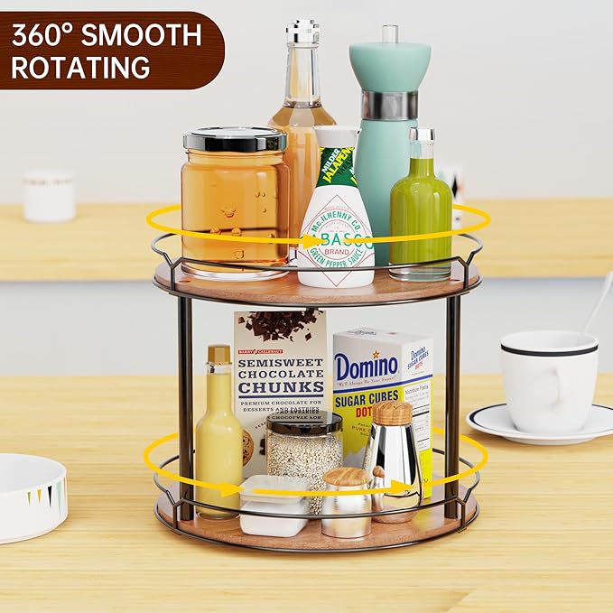 12.4" Lazy Susan Organizer 2 Tier - Rotating Spice Rack, Wooden Spinning Spice Holder for Inside Cabinet, Pantry, Kitchen, Countertop, Bathroom and Vanity, Versatile Storage-Ruum Studio Home