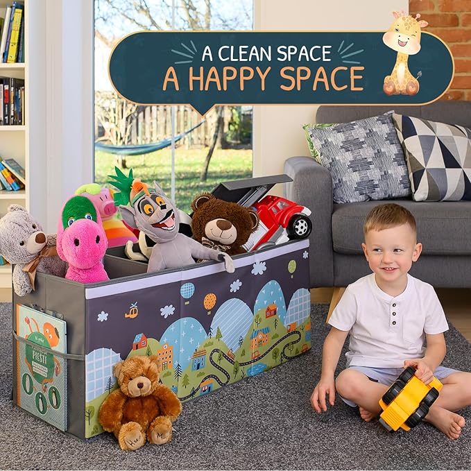 Extra Large Toy Storage Organizer with Lid - Sturdy, Collapsible Toy Chest Storage Box with Cute Design - Toys Bin with Dividers for Kids, Boys, Girls, Nursery, Bedroom, Play room 37"x16"x14"-Ruum Studio Home
