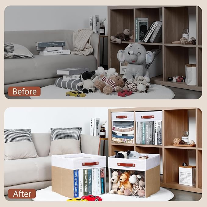 HNZIGE Fabirc Storage Cube Bins 13x13x15 Storage Cube Bins, 4 Pack Foldable Decorative Clear Cube Storage Bins for Cube Organizer Canvas Cubby Storage Organizer Bins for Shelves Pantry- White Beige-Ruum Studio Home