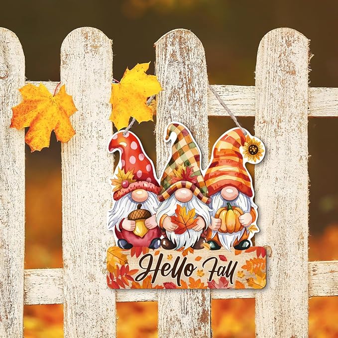 Hello Fall Wood Hanging Gnome Decoration, Autumn Wooden Signs, Rustic Thanksgiving Decoration, Home Interior And Exterior Decor, Autumn Harvest Thanksgiving Home Decor-Ruum Studio Home