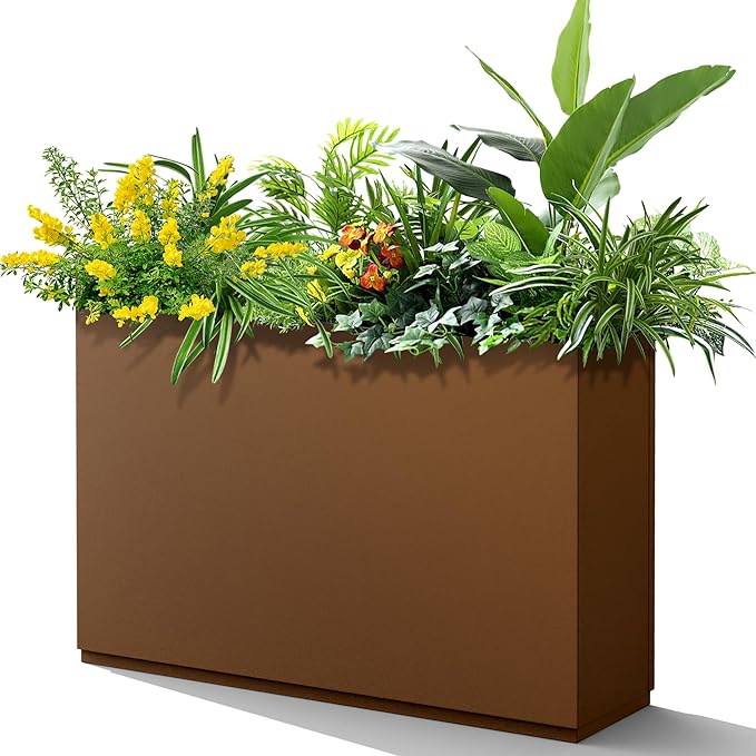 FENCY Metal Rectangular Planter Box for Outdoor - Large Planters with Drainage Holes (35.4" L x 9" W x 25.6" H, Brown)-Ruum Studio Home