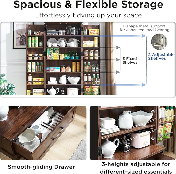 72‘’ Farmhouse Kitchen Pantry Cabinet with Drawer, Tall Storage Cabinet with 2 Barn Doors and Shelves, Versatile Large Rustic for Dining Room, Bathroom, Living Room, Laudry, Brown-Ruum Studio Home