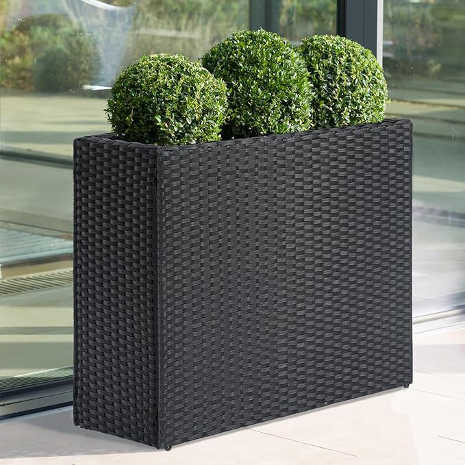 LEWIS&WAYNE Tall Planters for Outdoor Plants Handmade Wicker Large Rectangular Block Planter Box with Removable Liners Modern Planter for Indoor Outdoor Patio Deck - Black-Ruum Studio Home