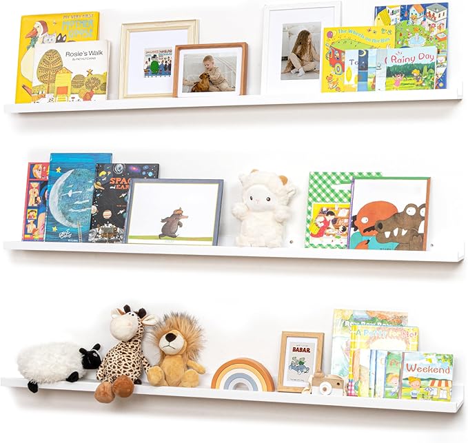 Picture Ledge Shelf for Wall, 56 inches Solid Pine Wood Nursery Book Shelves 3 Packs, Floating Ledge Shelves for Kids' Room Bedroom Bathroom Long Floating Shelves for Wall Nursey Wall Decor, White-Ruum Studio Home
