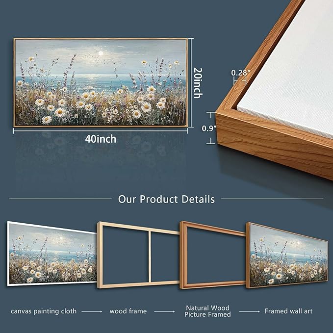 PHAOHUAXM Wall Decor For Living Room Wall Art For Bedroom Office Decorations Blue Ocean Paintings Flowers Watercolour Wall Pictures Canvas Artworks Home Decor Ready To Hang Wood Framed 20x40 In-Ruum Studio Home