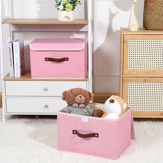 ANMINY 2PCS Storage Bins with Lid PU Leather Handles Storage Boxes PP Plastic Board Decorative Foldable Lidded Cotton Linen Fabric Home Cubes Baskets Closet Organizer Containers - Pink, Large Size-Ruum Studio Home