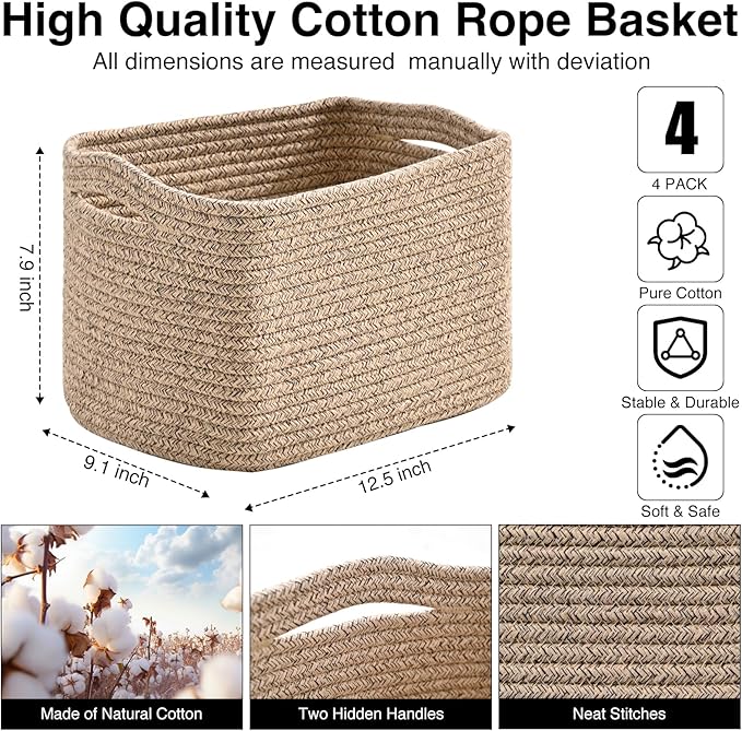 Small Storage Baskets for Shelves Organizing, Woven Cotton Rope Baskets for Storage, Book Basket, Decorative Shelf Basket, 12.5"Lx9.1''Wx7.9''H (4 Packs) Brown-Ruum Studio Home