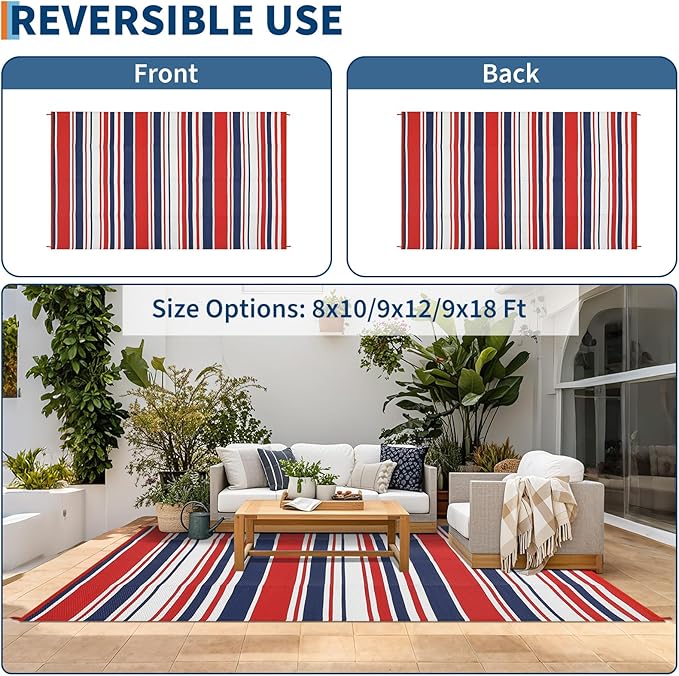Outdoor Patio Rug 9x12 Stain-Resistant Reversible Camping Mat, Modern Striped Outdoor Plastic Straw Rug, Waterproof Outside Carpet, Easy to Clean for RV, Porch, Deck, Balcony, Red Blue White-Ruum Studio Home