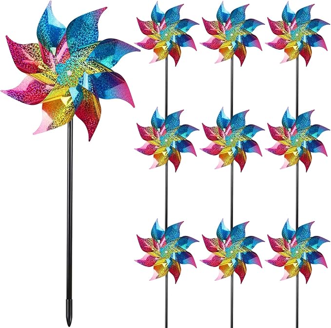 Hausse 10 Pack Reflective Pinwheels Wind Spinner, Extra Sparkly Rainbow Pinwheel with Stakes, Bird Repellent Blinder Devices Deterrent to Scare Birds Away from Yard Patio Farm Garden, Colorful-Ruum Studio Home