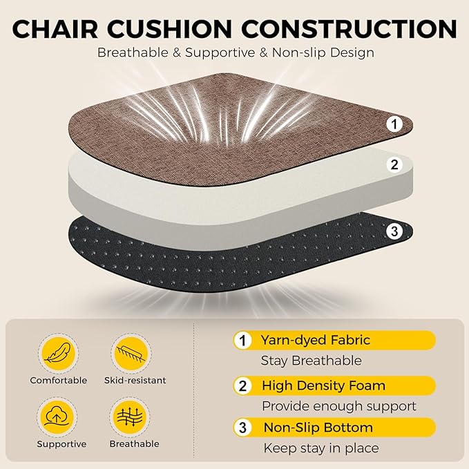 downluxe Indoor Chair Cushions for Dining Chairs, Soft and Comfortable Textured Foam Kitchen Chair Pads with Ties and Non-Slip Backing, 16" x 16" x 2", Brown, 6 Pack-Ruum Studio Home