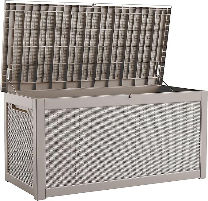 260 Gallon Storage Box, Waterproof Resin Deck Box with Steel Support & Hydraulic Rod, Lockable Storage Bench for Indoor & Outdoor Use, Storage Bin for Patio Cushions, Garden Tools, Grey-Ruum Studio Home