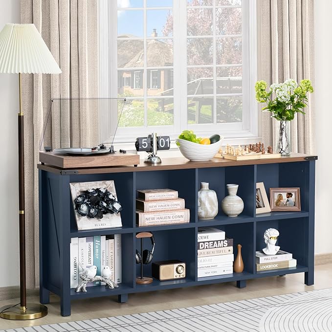 8 Cube Book Shelf, Farmhouse Wood Long Storage Organizer Bookcase, 62" Horizontal Navy Blue Console Closet Bookshelf, Hallway TV Stand for Entryway, Display Cabinet Book Case for Living Room-Ruum Studio Home