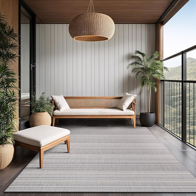 Stripe Outdoor Rug 9x12 Washable Outside Carpet for Indoor Patio Porch Waterproof Easy Cleaning Non Shedding Area Rugs Gray 9 x 12-Ruum Studio Home