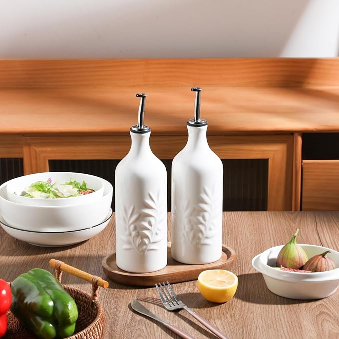 Sweejar Ceramic Olive Oil Dispenser Bottle, 20 Oz Relief Opaque Oil Cruet Protects To Reduce Oxidation, Suitable for Storage,Vinegar, Soy Sauce,Liquids,Set of 2 (White White)-Ruum Studio Home