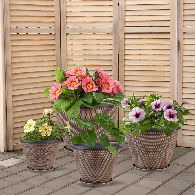4 Pack 8 inch Plant Pot, Plastic Pots for Plants Indoor, Round Planters for Outdoor Plants with Drainage Holes & Trays, Decorative Flower Pots Garden Containers Sets for Houseplants (Black Copper)-Ruum Studio Home