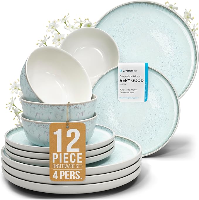 12 Piece Dinnerware Sets for 4 - Modern Style Stoneware Dinnerware Set - Scratch Resistant, Dishwasher, Microwave Safe Plates and Bowls Sets Ceramic, Bowl and Plate Set - Beige and Light Blue…-Ruum Studio Home