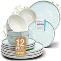 12 Piece Dinnerware Sets for 4 - Modern Style Stoneware Dinnerware Set - Scratch Resistant, Dishwasher, Microwave Safe Plates and Bowls Sets Ceramic, Bowl and Plate Set - Beige and Light Blue…-Ruum Studio Home