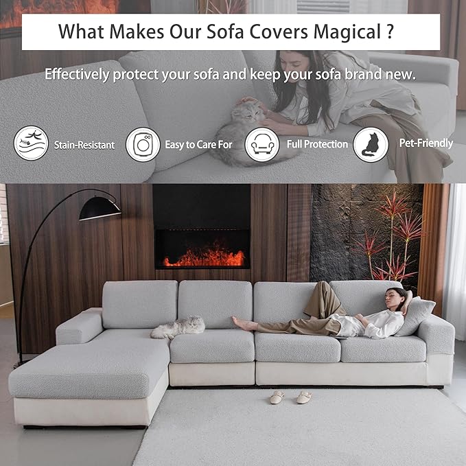 Couch Cushion Covers for Sectional Sofa, Stretch Soft Sofa Slipcovers Washable Wear-Resistant Universal Furniture Protector for Living Room(2 Seaters Covers+1 Chaise Cover, Light Gray)-Ruum Studio Home