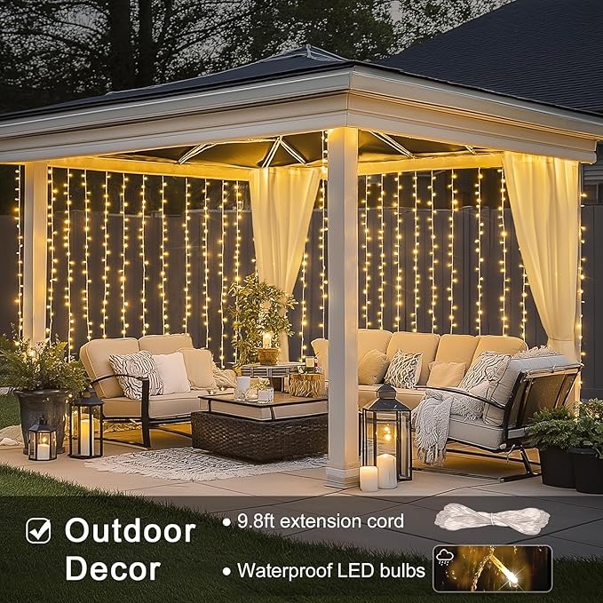JMEXSUSS 300 LED Remote Control Curtain Lights, Plug in Fairy Curtain Lights Outdoor, Window Wall Hanging String Lights for Bedroom Backdrop Wedding Party Indoor Christmas Patio Dorm Decor, Warm White-Ruum Studio Home