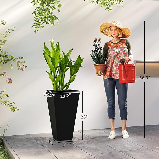 Outsunny Tall Planters for Outdoor Plants Set of 3, 28 in Taper Planters with Drainage Holes, Indoor Grande Plant Pots, Front Porch Decor (Black)-Ruum Studio Home