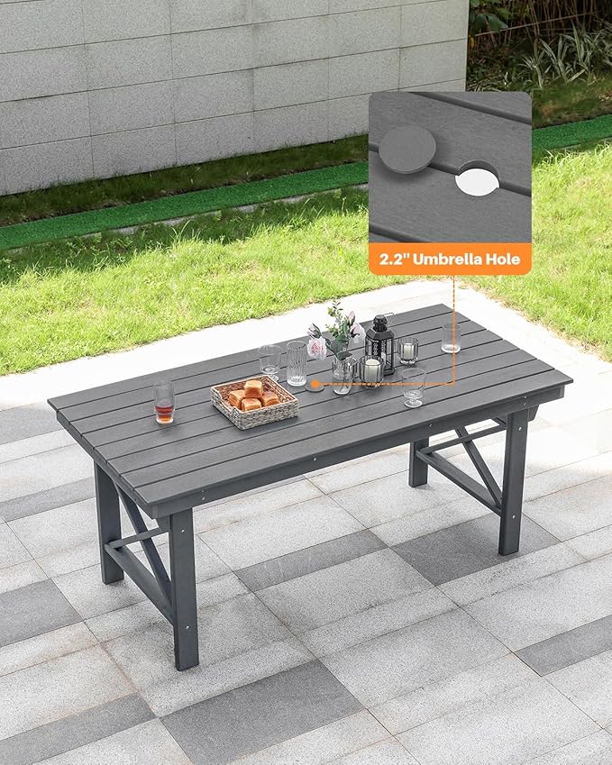 HDPE Outdoor Dining Table, 66.9” Rectangle Patio Dining Table for 6, All-Weather HDPE Outdoor Table with 2.2” Umbrella Hole, HDPE Patio Furniture for Deck, Backyard, Garden, Pool, Smoke Gray-Ruum Studio Home