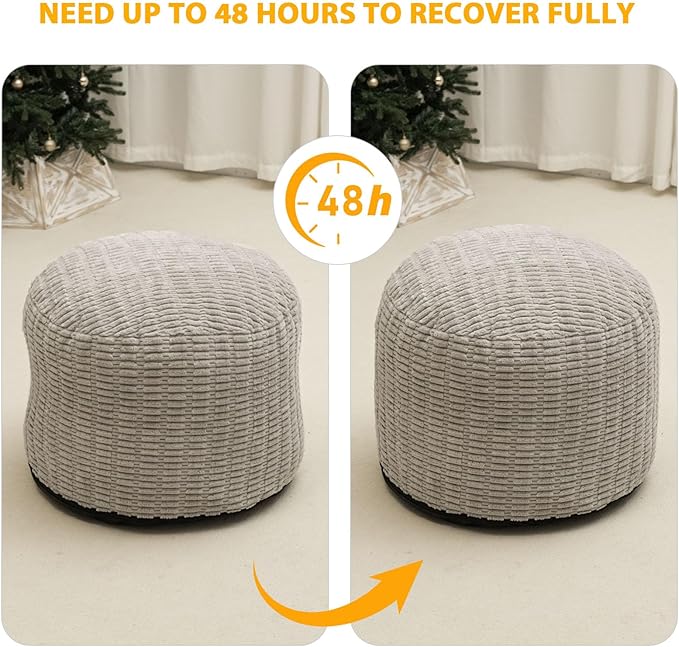Round Stuffed Pouf Ottoman for Foot Rest, Storage Ottoman Pouf Foot Stool Cushion, Faux Fur Poufs with Foam Chunk Filling, 26 X 18 Inch Floor Chair for Living Room Bedroom Home Decor, Light Gray-Ruum Studio Home