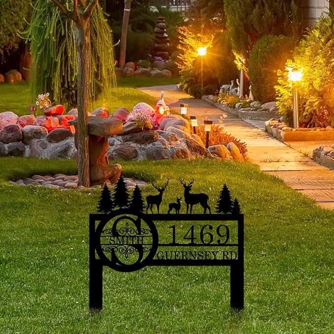 Personalized Deer Custom Garden Address Sign with Metal Stake, Housewarming Gift, Outside Camping Decor-Ruum Studio Home