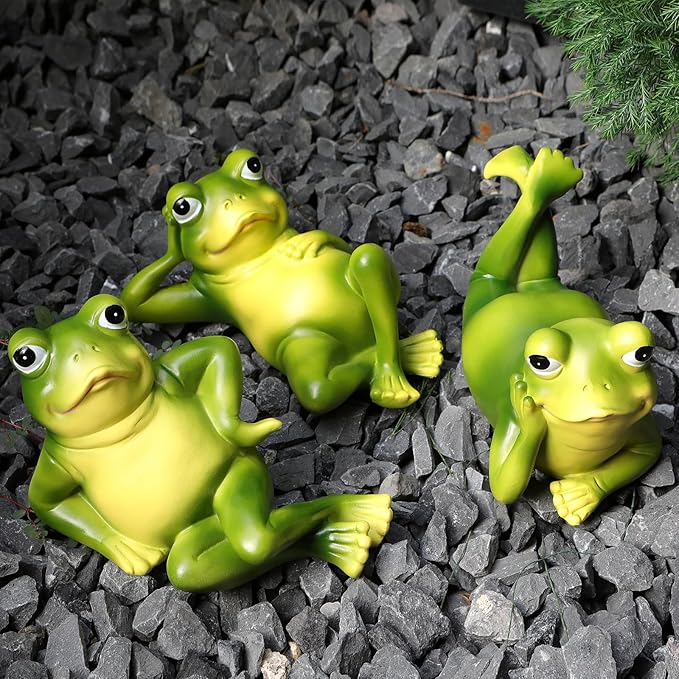 Frog Figurine Garden Decor Set of 3, Funny Lazy Frog Garden Statues Yard Decoration Outdoor Holiday Decorations, Unique Yart Art Outdoor Lawn Ornament for Outside Pond Pool Patio Front Porch Backyard-Ruum Studio Home