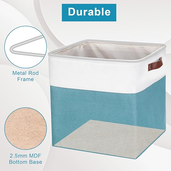 13x13 Cube Storage Bins, Collapsible Fabric Storage Box, 4 Pack Closet Baskets with Handles for Organizing, Shelf, Toys, Clothes, Home, Office, Nursery (Teal&White)-Ruum Studio Home
