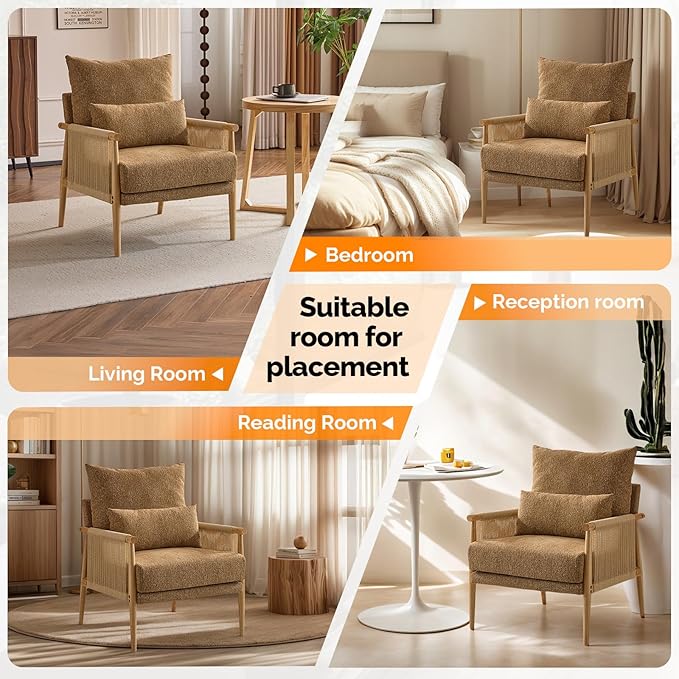 VINGLI Boho Braid Accent Armchairs Set of 2,Mid-Century Modern Chiars with Solid Wooden Armrest,Comfy Louge Cushion Chairs with Waist Pillow for Bedroom,Living Room,Reading Room, Khaki-Ruum Studio Home